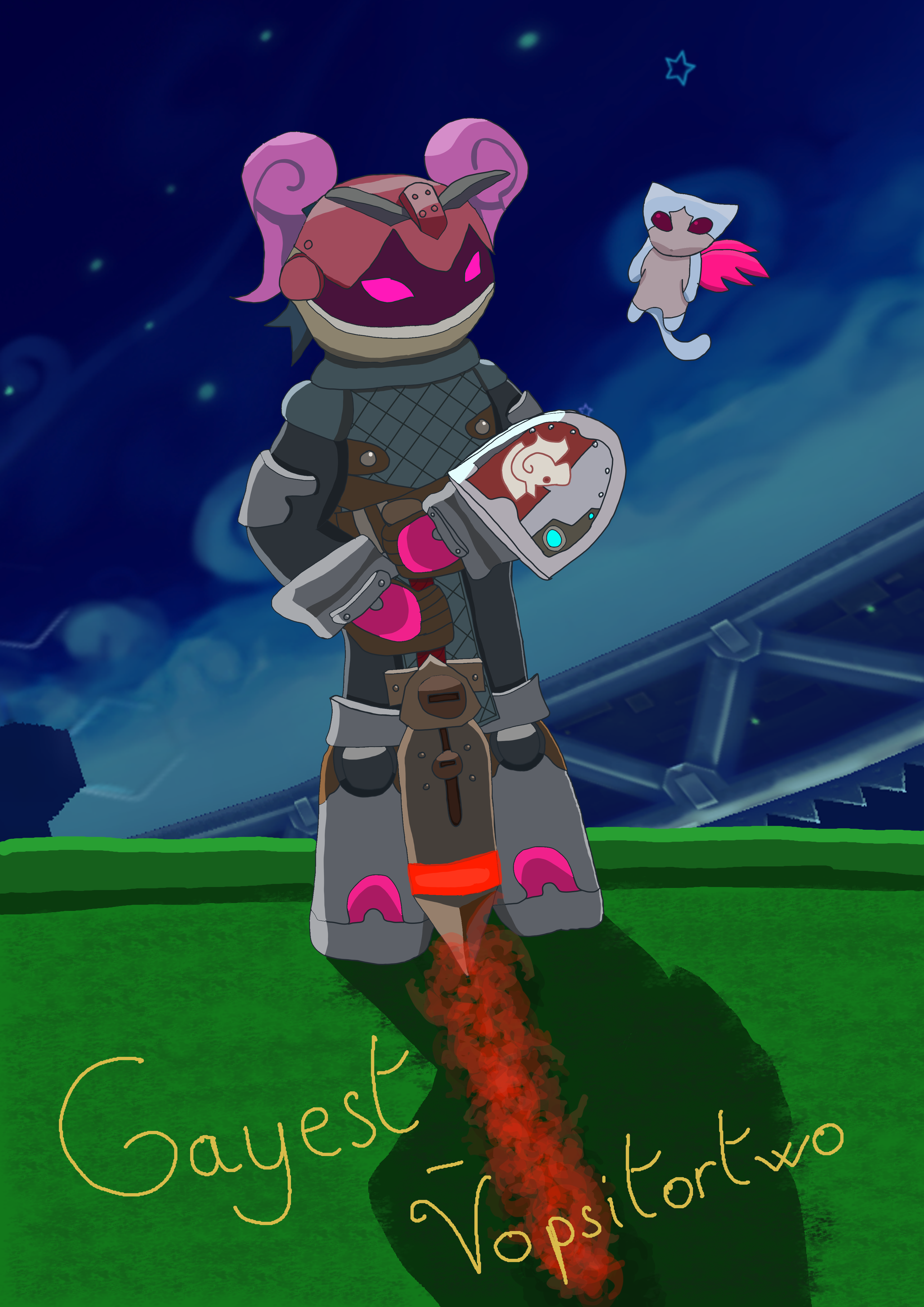 Knight character from videogame Spiral Knights, wearing base gear and fire sword, accompanied by Seraphynx battle sprite.