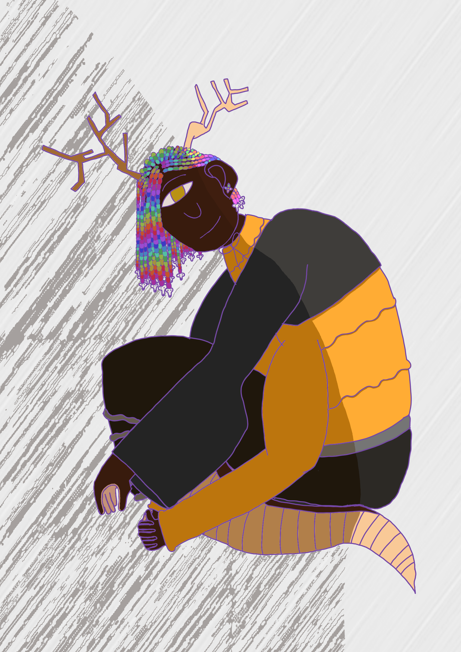 Demon with antlers and a snake tail, as well as rainbow braids ending in snake-shaped pearls. She is crouching and has four arms, three of which are visible and two of which have their hands clasped.