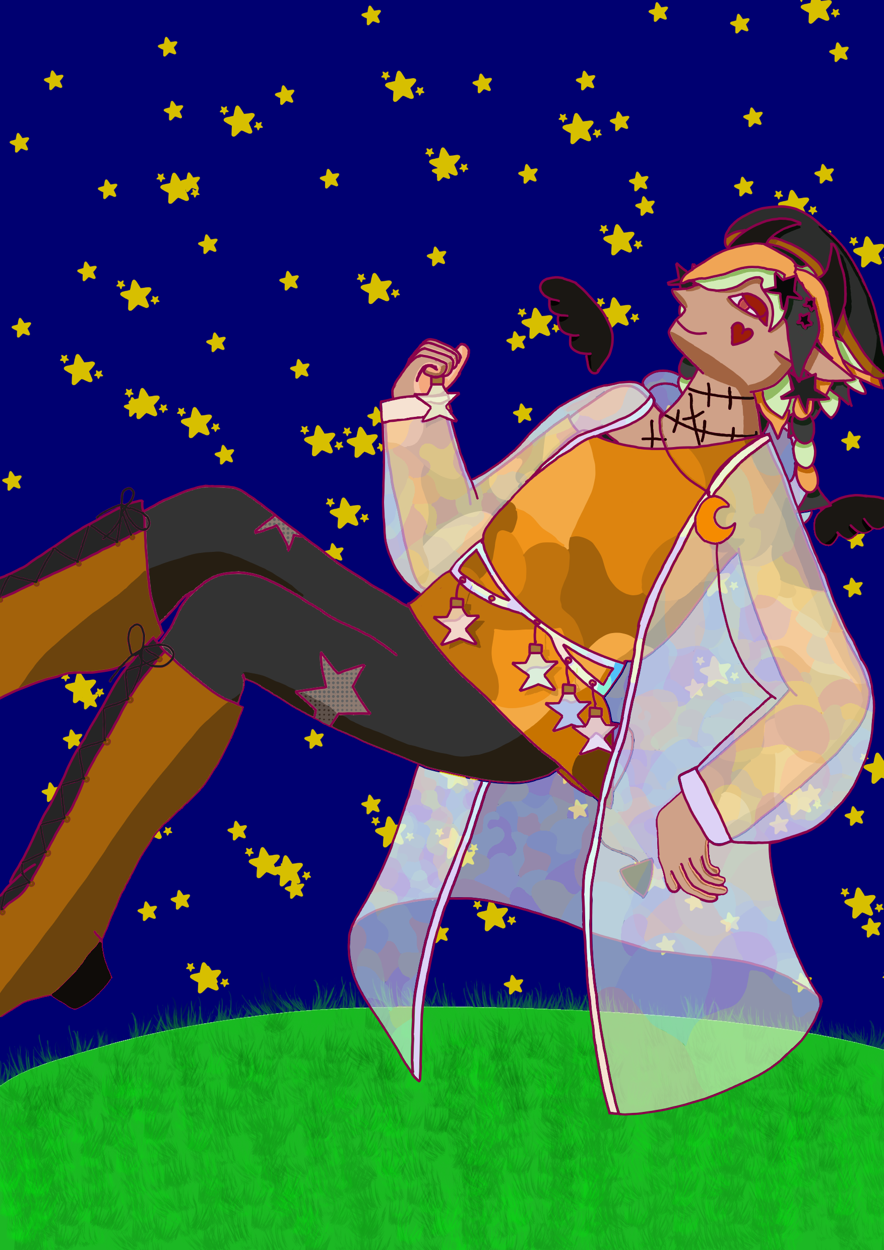Floating black demon with star-shaped bottles hanging on their belt, holding one of them in their hand. They have green, orange and black hair and are wearing an orange patterned tee-shirt, black tights with stars, high orange and black boots, a moon-shaped necklace, a black and orange hat and a colourful transparent coat.