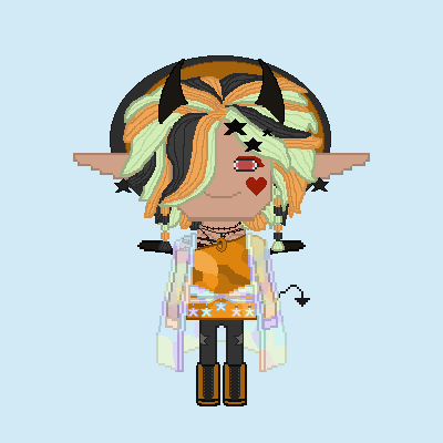 Pixel art of a demon OC wearing a pastel transluscent coat and belt with star-shaped bottles. Rest of the palette is otherwise green, black and orange. They have horns, a hat, a shirt with some random pattern, straight trousers and boots.