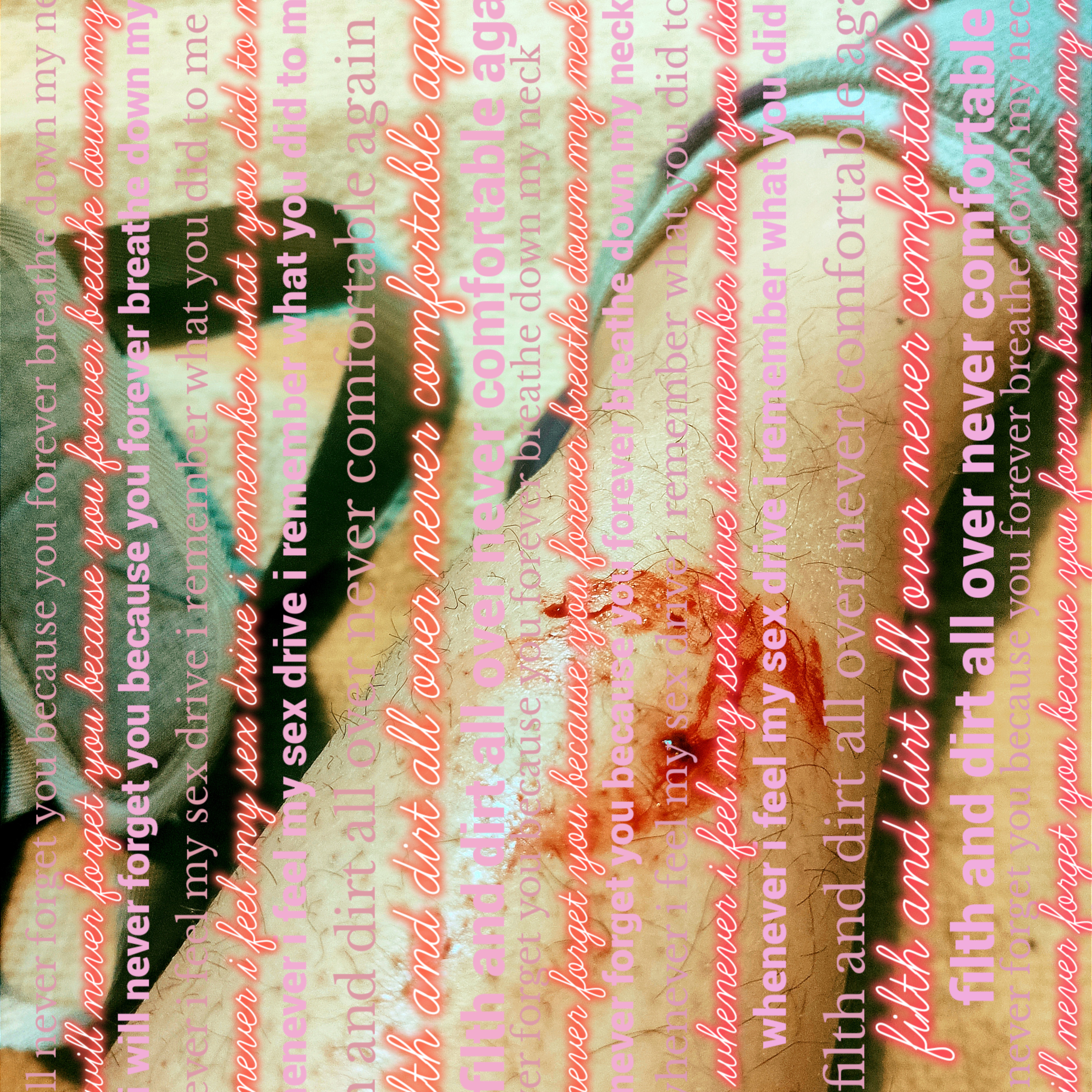 A bloody leg. Text written over the picture covers the entire image, repeating the lines "I will never forget you because you forever breathe down my neck/Whenever I feel my sex drive I remember what you did to me/Filth and dirt all over never comfortable again"