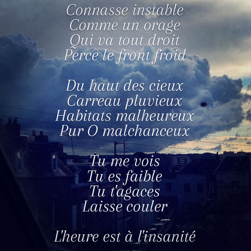 Le fond est un cumulus menaçant, passant au-dessus de maisons en briques, vu à travers la fenêtre d'un toit.

Un poème.

"Connasse instable
Comme un orage
Qui va tout droit
Perce le front froid

Du haut des cieux
Carreau pluvieux
Habitats malheureux
Pur O malchanceux

Tu me vois
Tu es faible
Tu t'agaces
Laisse couler

L'heure est à l'insanité"