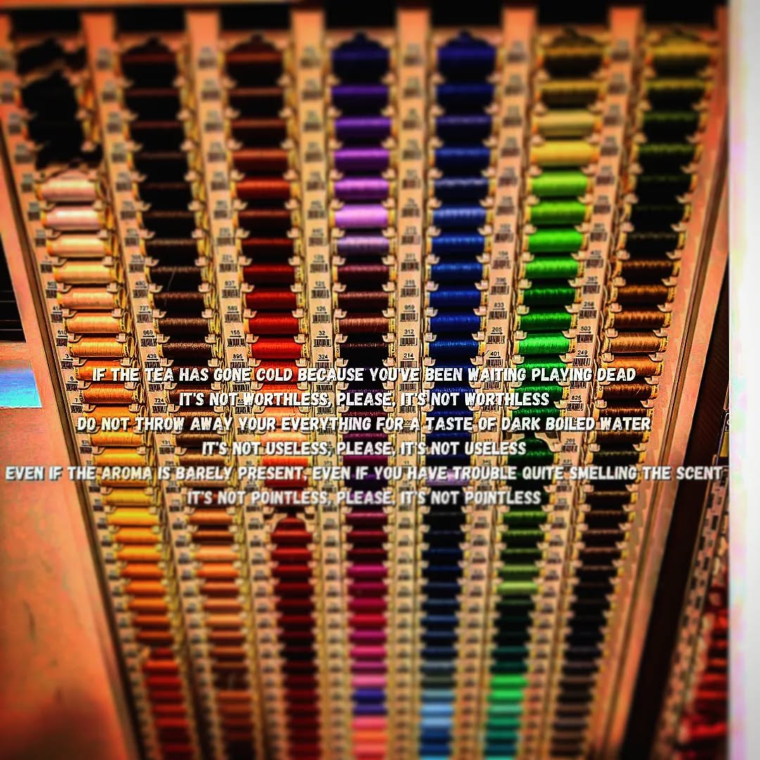 A display unit with threads (for sewing) of all colours. They're arranged in seven columns, each column having variations of a colour: red and yellow, yellow and orange, red, purple and red, blue, green and yellow, black and grey.

The photo is edited so that it's fully saturated with a very orange colour taking over. It's also made so that everything that isn't in the middle is out of focus, as if distant, hazy.

The text is in the middle, where the focus is, so it's readable, but the last line is a bit out of focus, sort of blurry.

It reads:

"If the tea has gone cold because you've been waiting playing dead
It's not worthless, please, it's not worthless
Do not throw away your everything for a taste of dark boiled water
It's not useless, please, it's not useless
Even if the aroma is barely present, even if you have trouble quite smelling the scent
It's not pointless, please, it's not pointless"
