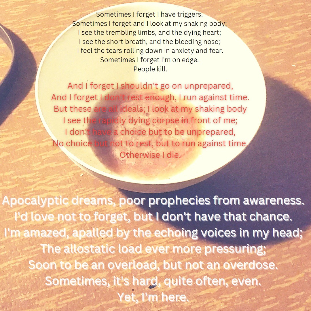 A bowl of red-coloured vomit. A poem with each stanza in increasing size and different colour reads:


"Sometimes I forget I have triggers. 
Sometimes I forget and I look at my shaking body;
I see the trembling limbs, and the dying heart;
I see the short breath, and the bleeding nose; 
I feel the tears rolling down in anxiety and fear. 
Sometimes I forget I'm on edge.
People kill. 

And I forget I shouldn't go on unprepared, 
And I forget I don't rest enough, I run against time. 
But these are all ideals; I look at my shaking body 
I see the rapidly dying corpse in front of me; 
I don't have a choice but to be unprepared, 
No choice but not to rest, but to run against time,
Otherwise I die. 

Apocalyptic dreams, poor prophecies from awareness. 
I'd love not to forget, but I don't have that chance. 
I'm amazed, apalled by the echoing voices in my head; 
The allostatic load ever more pressuring; 
Soon to be an overload, but not an overdose. 
Sometimes, it's hard, quite often, even. 
Yet, I'm here."
