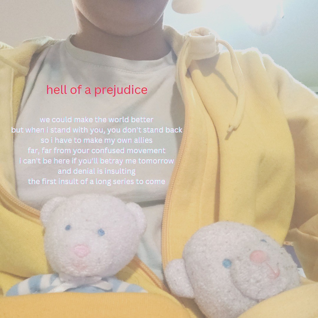 Picture of my torso and in my jacket's pockets there are two teddy bears. Text above reads:

"hell of a prejudice 

we could make the world better 
but when i stand with you, you don't stand back 
so i have to make my own allies 
far, far from your confused movement 
i can't be here if you'll betray me tomorrow 
and denial is insulting 
the first insult of a long series to come"