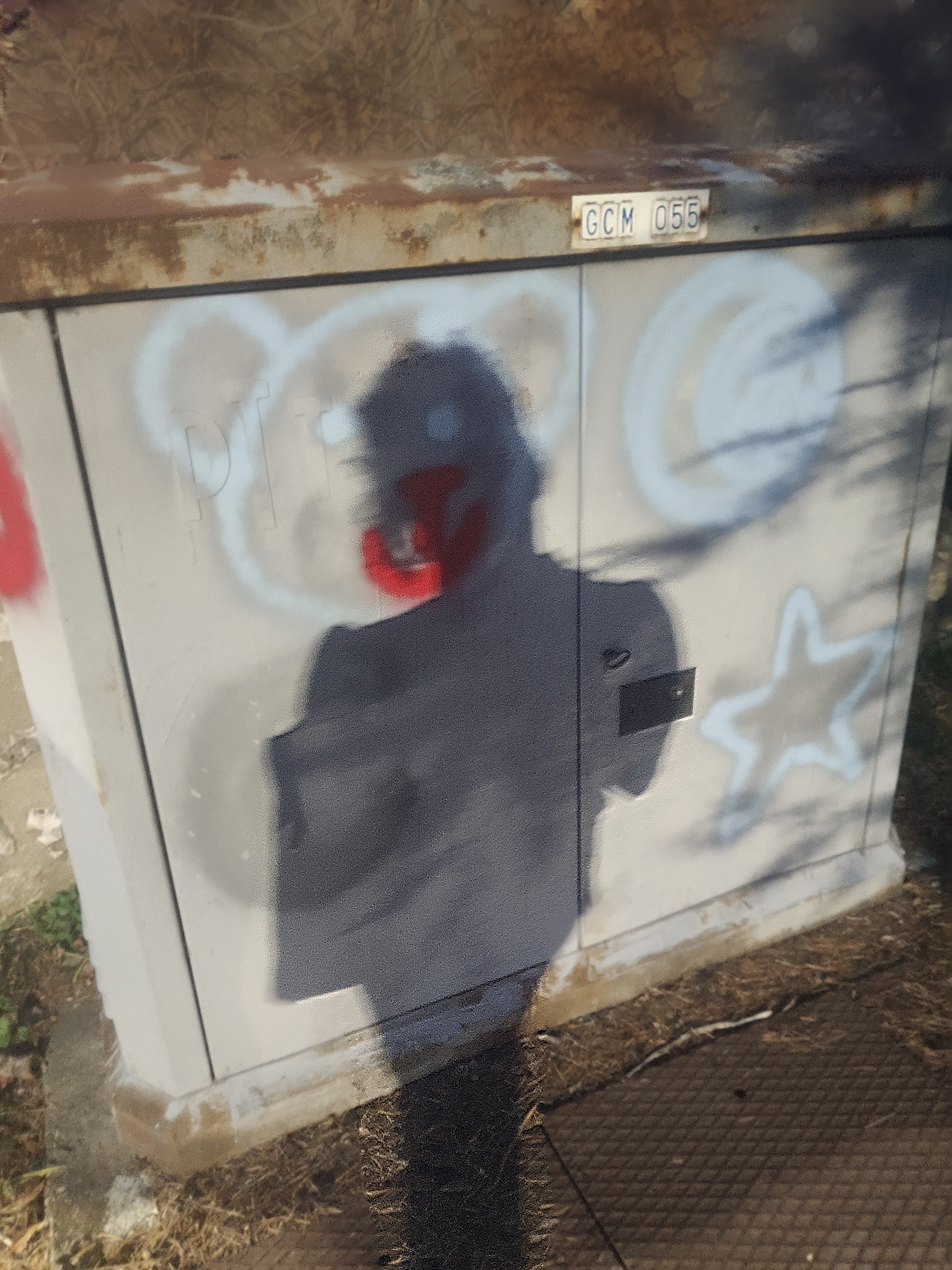 An electrical cabinet outside, in the night, with some graffiti in blue and red representing a teddy bear, a moon and a star. The shadow of someone standing in front of it can be seen.